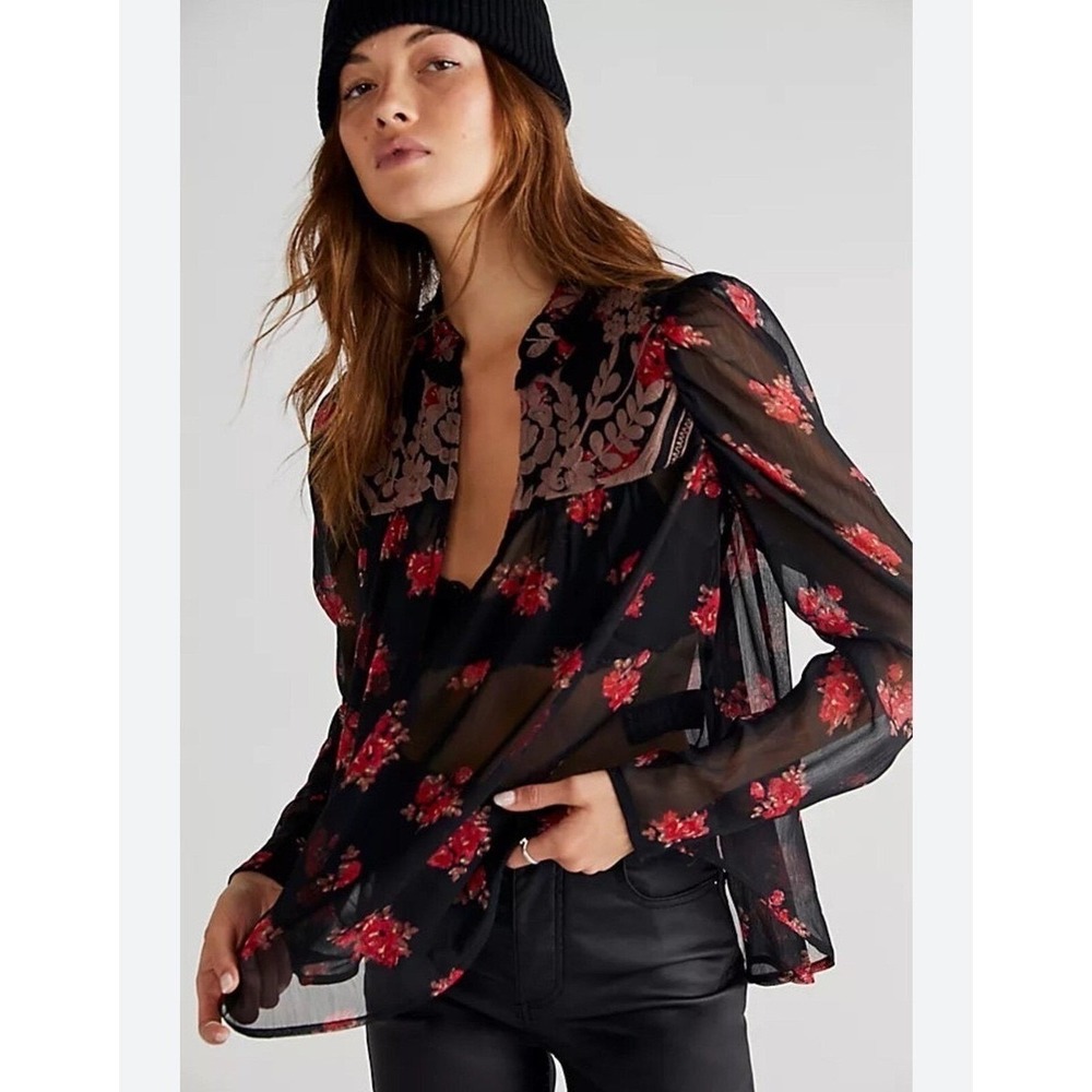 Free People Womens Dark Floral Boho Embroidered Sheer Blouse Size‎ XS Whimsigoth